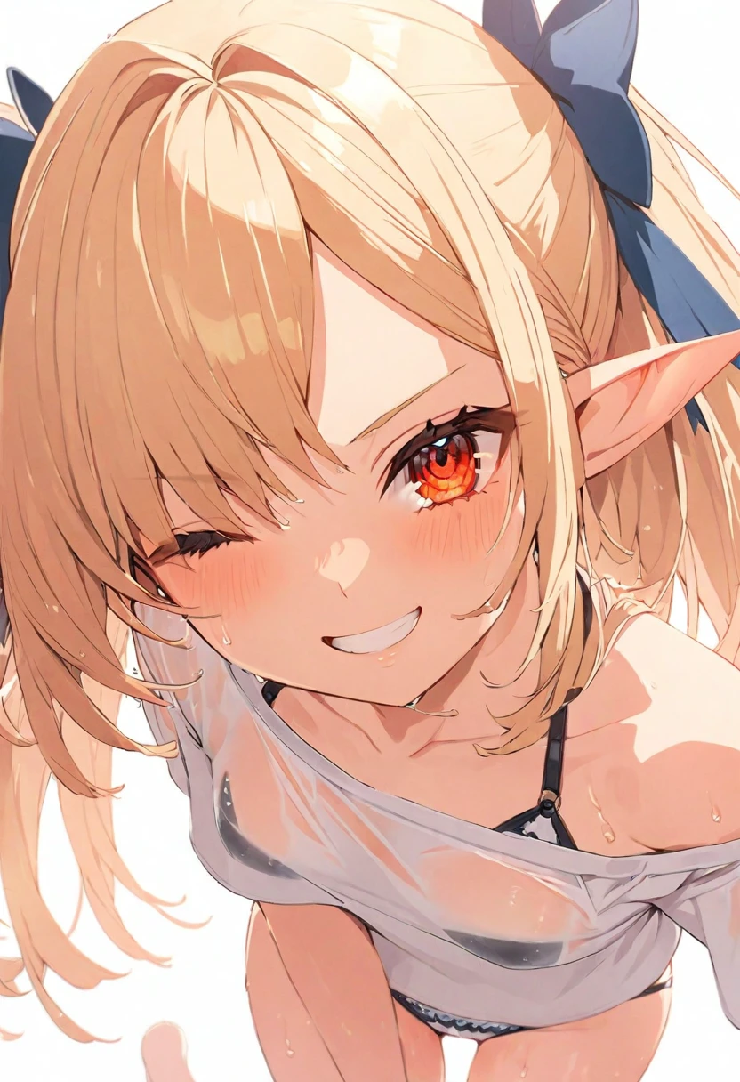 (muste piece), (best quality), very detailed eyes, expressive eyes, perfect face, very detailed face, highly detailed face, beautiful girl, 8K, beautiful girl, white background, delicate and beautiful face and eyes, dark intense shadow, 
1 girl, vtuber style, cool girl, hololive, Shiranui Flare, Elf ears, blond hair, wet t-shirt, bikini, soaked, wet body, small chest, cropped shoulders, clavicle, one eye close winking, smile, body visible through clothes, chest visible through clothes, ass visible through thighs, (full body), standing,