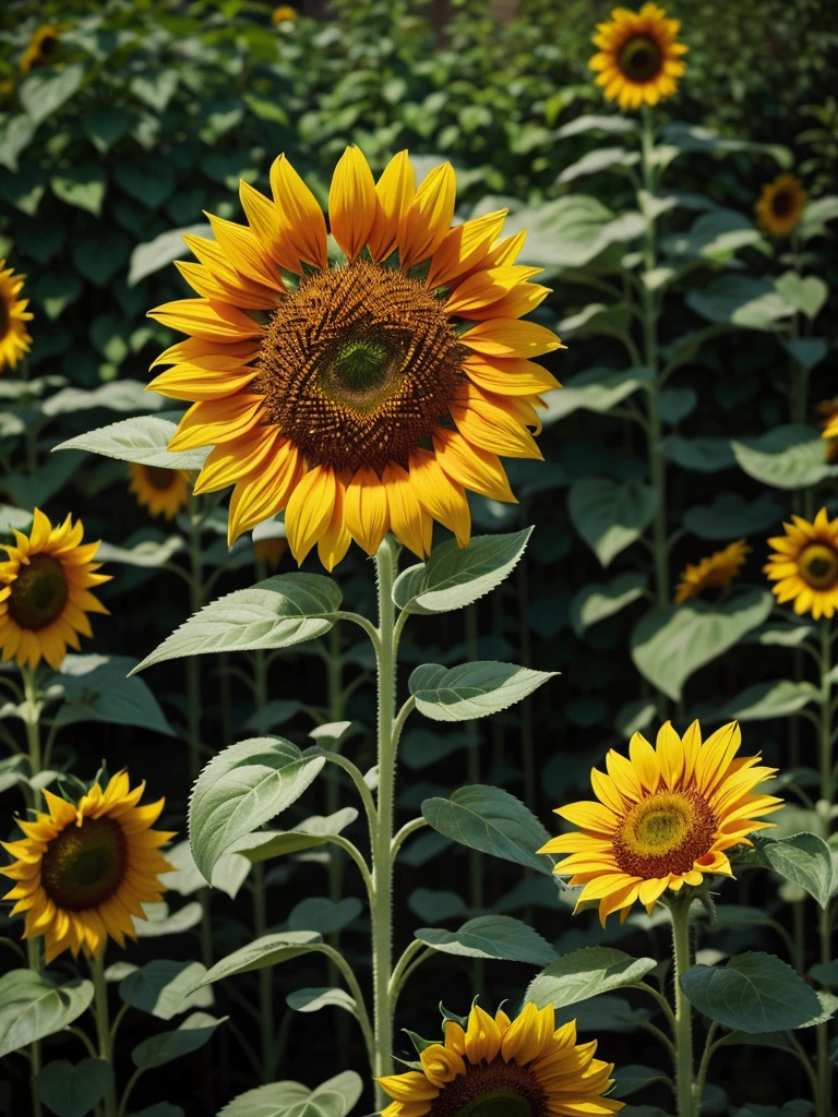 Sunflower in the middle of a very extensive garden