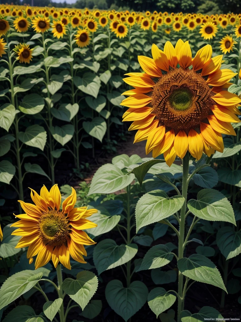 Sunflower in the middle of a very extensive garden