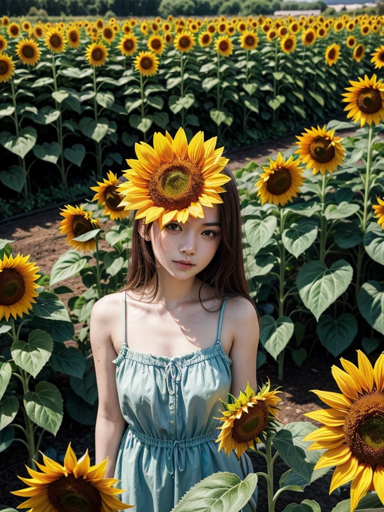 Sunflower in the middle of a very extensive garden