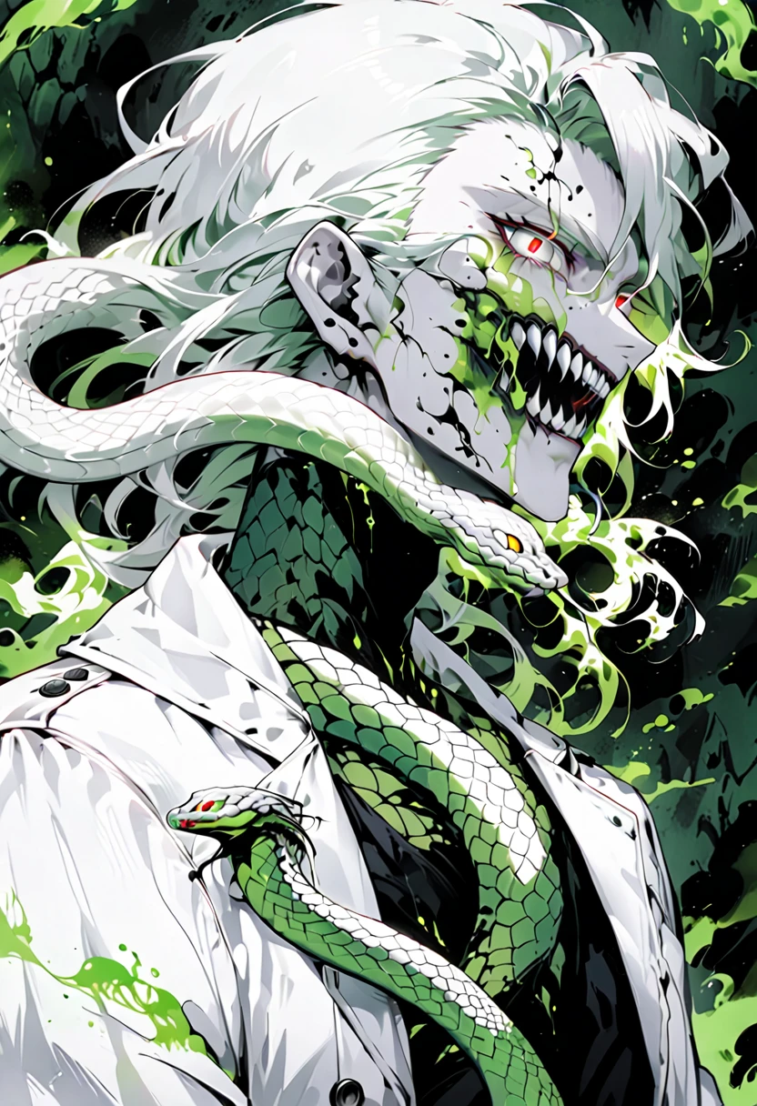 Generate an anime-style illustration of a teenage male character with the appearance of a Gorgon. He should have pale skin, sharp facial features, and a monstrous look, with green scales covering parts of his face and body. His hair should be made entirely of slender, elegant white snakes with subtle green highlights, all oozing a green liquid aura. The snakes should have piercing red eyes. The character should be wearing a white trench coat hoodie with accents of green, creating a harmonious green and white color theme. He should have a sinister grin on his face. Please ensure that the overall aesthetic remains true to traditional anime art style