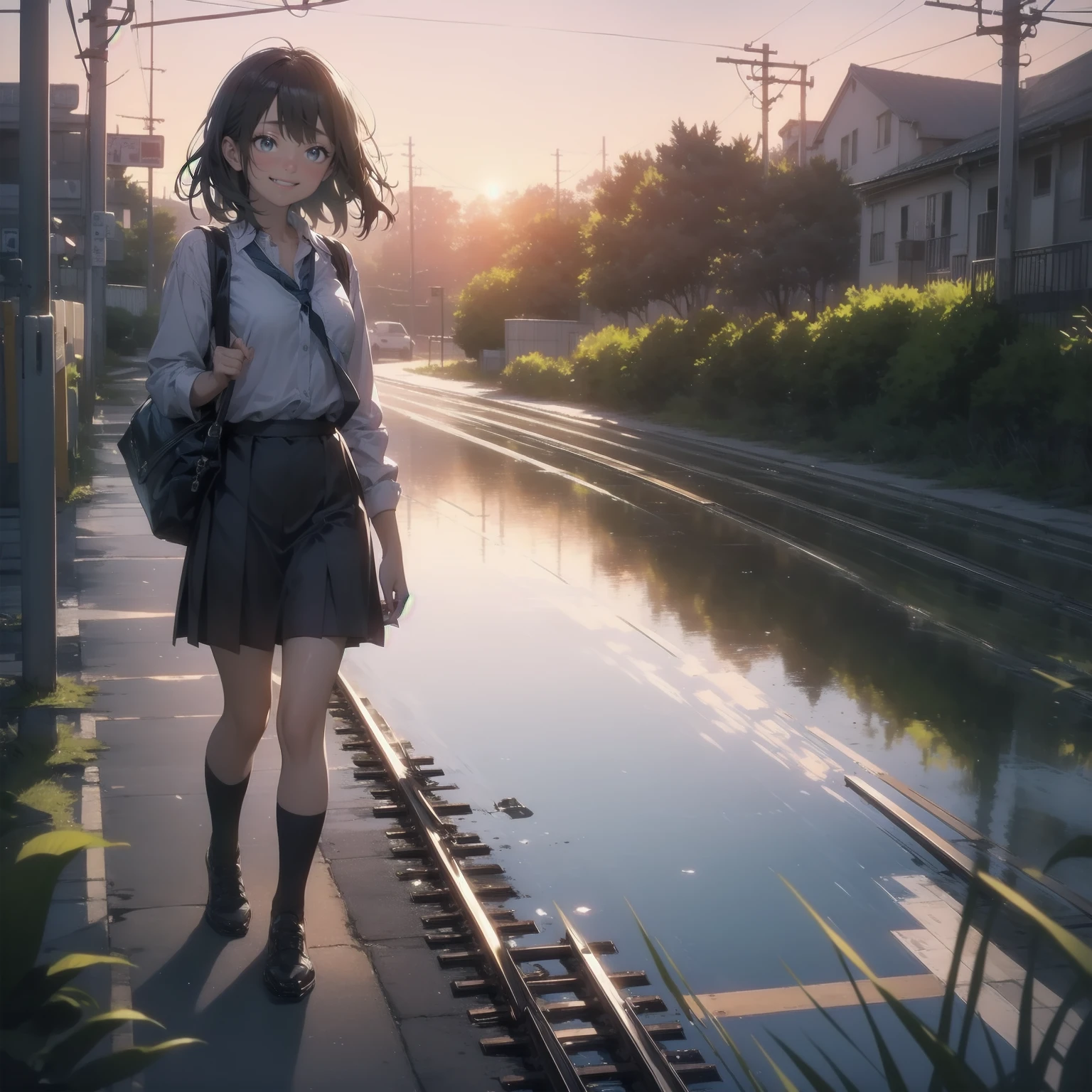 Vast landscape photography、(View from below、Shows the sky above and below)、High resolution、Highest quality、Very detailed、makoto shinkai、sunset、Girl looking sideways in a navy blue skirt、College student with long brown hair、Electric pole、electric wire、Railroad crossing、Lens blur、smile、happiness、train、Railroad crossing
