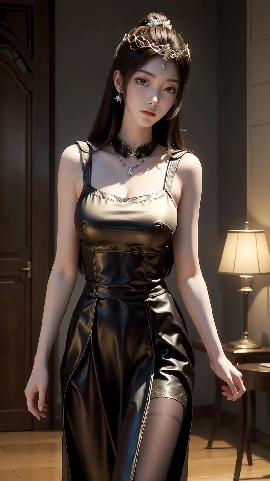 ((whole body)), ((From below)), Clear face, Pretty Face, 8K, masterpiece, original photo, best quality, detail:1.2),lifelike, Extremely detailed CG unified 8K wallpapers, Depth of Field, lamp, lens flare, Ray Tracing, (Extremely beautiful face, Beautiful lips, beautiful eyes), intricate detail face, ((ultra detailed skin)) 1 girl, in the darkness, Deep Shadows, Beautiful Korean girl, Korean Idol,(Very slim figure:1.3), (A bright smile), (City night, (霓虹lamp), (night), Beautiful Korean girl, White Diamond Earrings, Bracelet diameter, Deya Necklace, Pantyhose, Clear eyes, Walk, Facing forward, (big eyes),Dressed in suspender pajamas,Long skirt pajamas