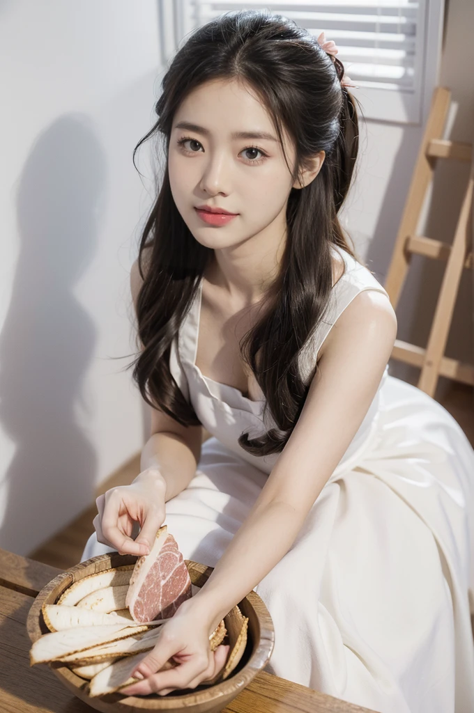```plaintext
(((best quality))),(((ultra detailed))),(((masterpiece))),illustration, 1girl, domestic worker, frilly white apron, plain dress, delicate white ribbon, radiant face, hint of smile, gentle and innocent nature, warehouse, mountains of fresh pork, neatly stacked meat, stark white walls, contrasting red and pink hues, Calm and composure, sense of warmth and humanity, natural lighting, sunlight, silhouette, delicate frame, graceful posture, unique and intriguing moment, resilience and adaptability of the human spirit