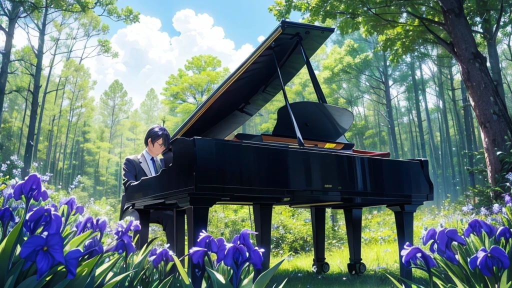 Placed in a forest where irises are in bloom1Grand pianos、White clouds in the sky after the rain、In the empty forest