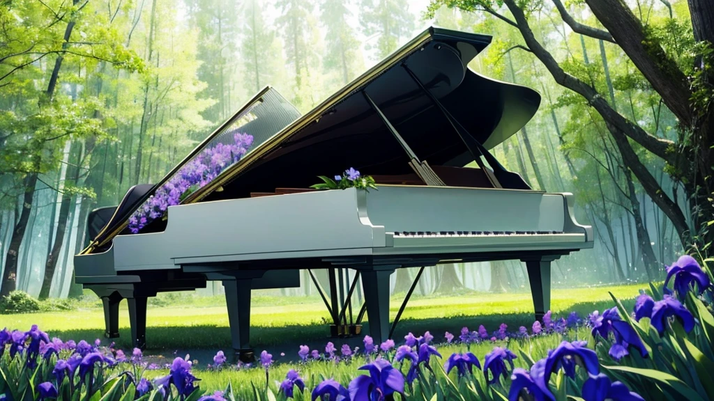 Placed in a forest where irises are in bloom１Grand pianos、White clouds in the sky after the rain、In the empty forest