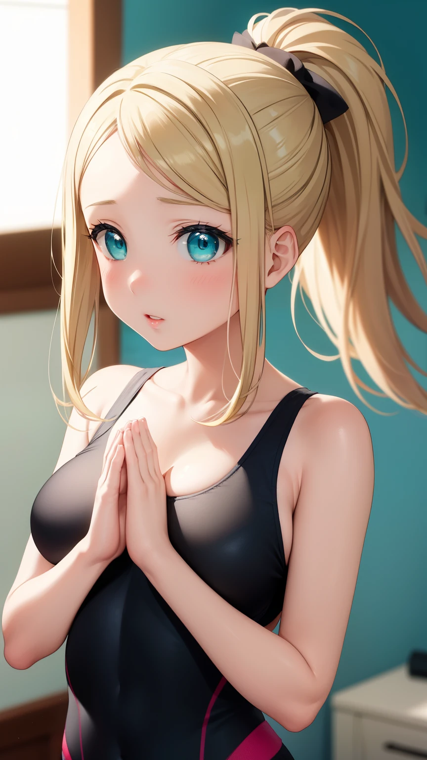 masterpiece, best quality, highly detailed, ultra high res, ayase arisa, 1girl, solo, hair ornament, long blonde hair, glossy lips, medium breasts, aqua eyes, ponytail, yoga pants, (own hands covering breasts)