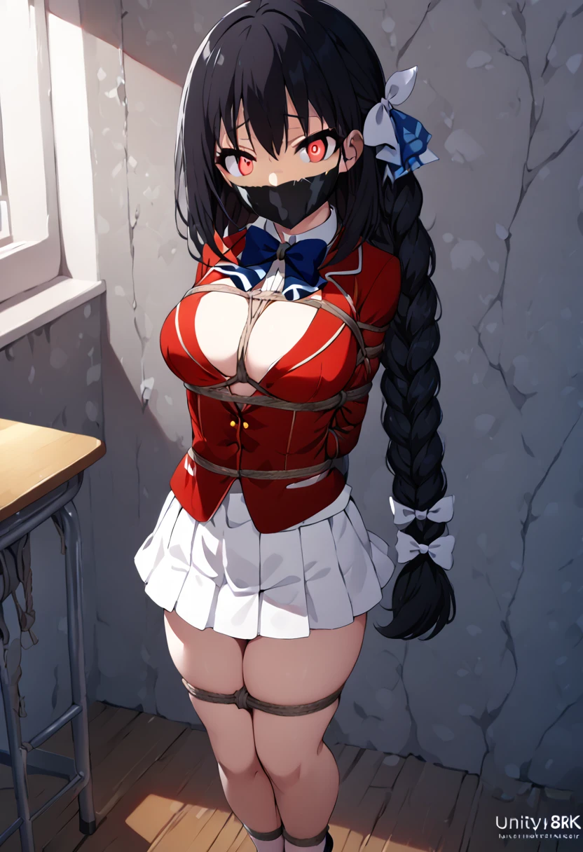 suzunehorikita, suzune horikita, long hair, black hair, (red eyes:1.3), hair ribbon, braid,
BREAK bow, , jacket, bowtie, blue bowtie, blazer, (red blazer:1.5), skirt, white skirt,
BREAK indoors, classroom,
BREAK looking at viewer, (cowboy shot:1.5),
BREAK (masterpiece:1.2), best quality, high resolution, unity 8k wallpaper, (illustration:0.8), (beautiful detailed eyes:1.6), extremely detailed face, perfect lighting,shoes, extremely detailed CG, (perfect hands, perfect anatomy),bound with an excessive amount of ropes), (bound wirsts), (arms behind back), (tapegag, tape gag), dramatic,  (looking at viewer), (detailed pupils:1.3),boy is touching girl's shest,grabbing breast
 masterpiece, (best quality), perfect eyes, bound, bondage, (arms behind back:1.4), bdsm, tape gag, rope, rope bondage, close-up, restrained,curled up, best anatomy, full body, standing