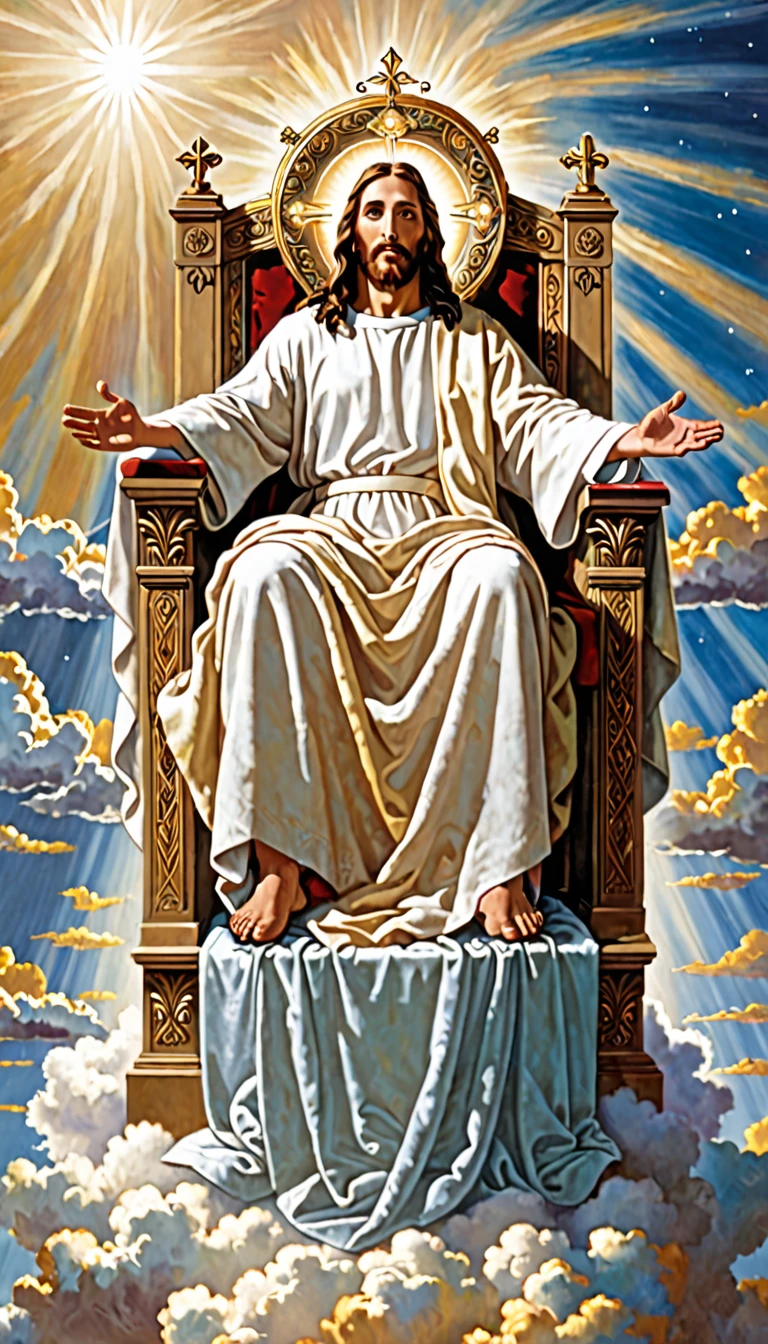 Jesus with open Bible sitting on throne in heaven