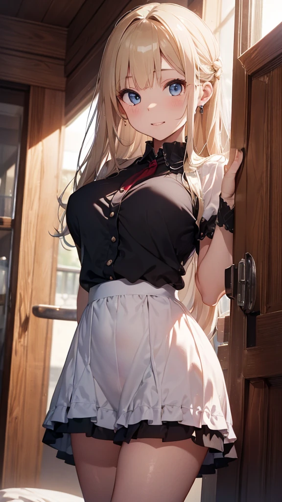 ((Highest quality、High resolution、Highly detailed CG Unity 8k wallpaper))、Detailed face、Perfect body、Unparalleled beauty、Curvy but slender body, Perfect Eyes, Perfect Face, Perfect lighting, Quality clothing、1 Girl, detailed castle background、Long Hair, Curly Hair, Quality clothing, Bright and beautiful face、Young and shiny white glossy skin、The ultimate beauty、The most beautiful light blonde hair in the world、Thin Hair、Super long straight hair、Shiny beautiful bangs、Shining, clear, big blue eyes、Very beautiful and adorable 17 year old girl, the most beautiful in the world、Big and ample breasts、、Sexually excited expression、A sexy dress with intricate details、((She lifts up her skirt and shows her panties、I'Is tempting you、I'm inviting you to have sex))