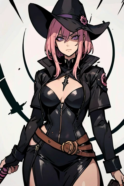 A pink haired female reaper with violet eyes and an hourglass figure in a leather dress is spinning his blade in a mauseleum