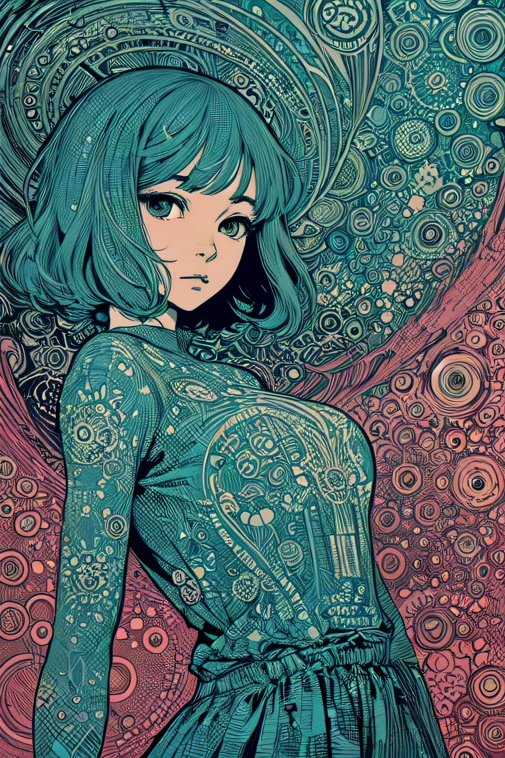 (style of Yuko Shimizu:1.2), abstract art, pinktheme, dark theme, 1girl, masterpiece, best quality, ultra high res