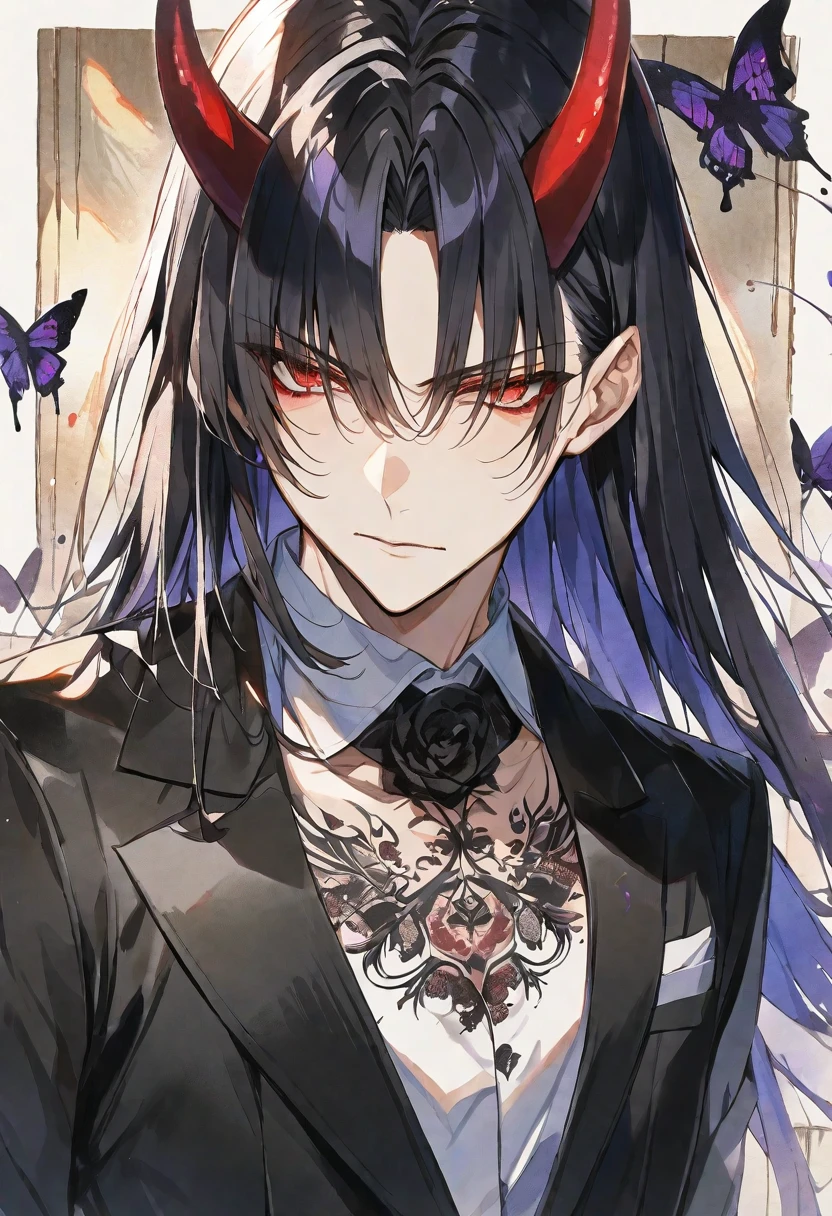 alone,good looking, watercolor, 1. male, Hime cut,Straight hair,Long Hair, Black Hair, Gojo Satoru, Red eyes,Black Rose Tattoo,Butterfly Tattoo, Black suit, Devil horns, Devil&#39;s Wings, skin,Silver Accessories,prince,Look up,icon, Black Background,