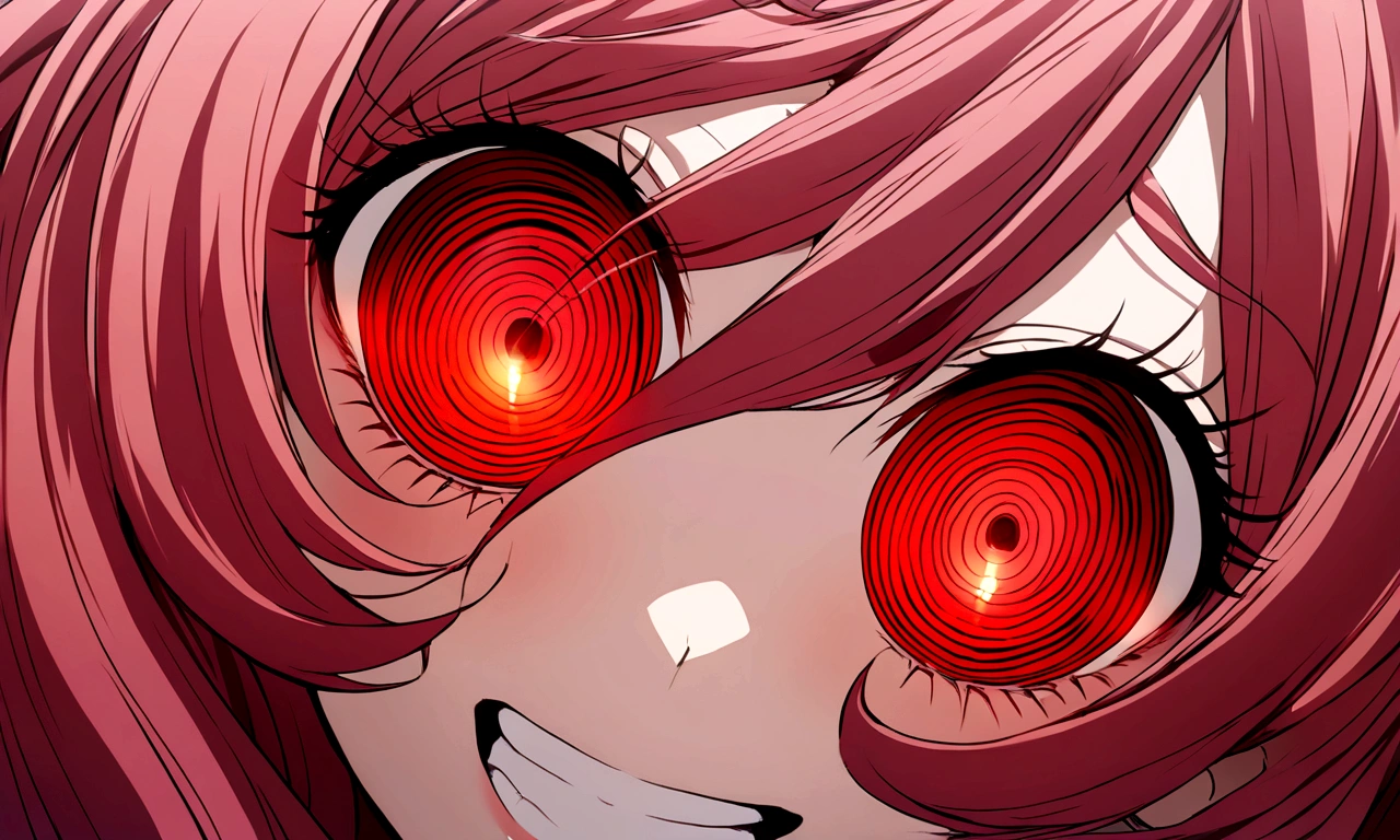 Too many Crazy eyes laughing Yandere Crazy anime woman. Looking. Red Shining eyes.