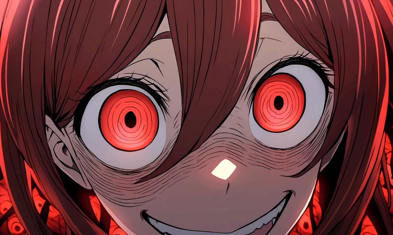 Too many Crazy eyes laughing Yandere Crazy anime woman. Looking. Red Shining eyes.