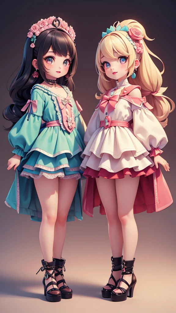 ((2 girls)), ((kawaii face)), ((cute eyes)), (masterpiece), (top quality), ((hyper detailed)), (beautiful and aesthetic), (exquisite), (depth), (super detailed skin), ((high standard)), ((high resolution)), (perfect anatomy), (full body), (red cheek), ((sickly cute)), (earring), (lipstick)