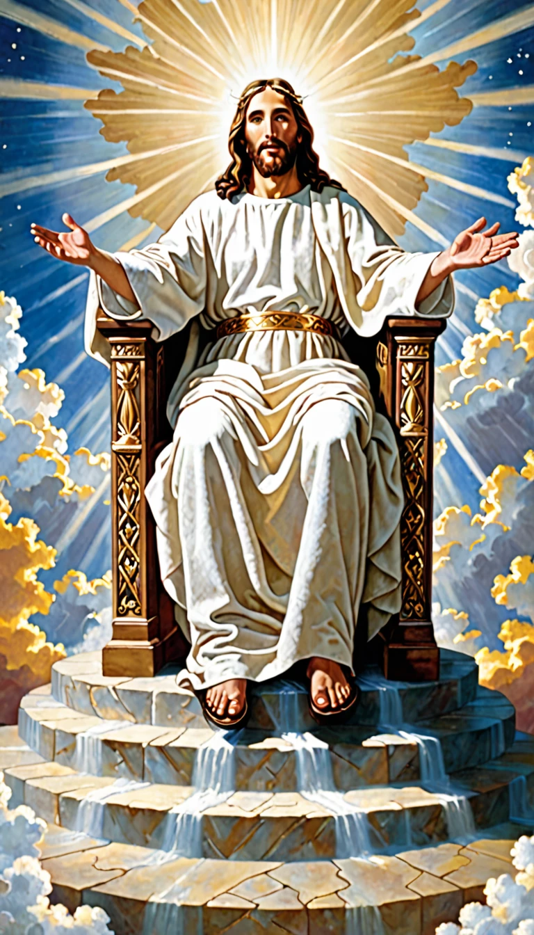 Jesus with open Bible sitting on throne in heaven