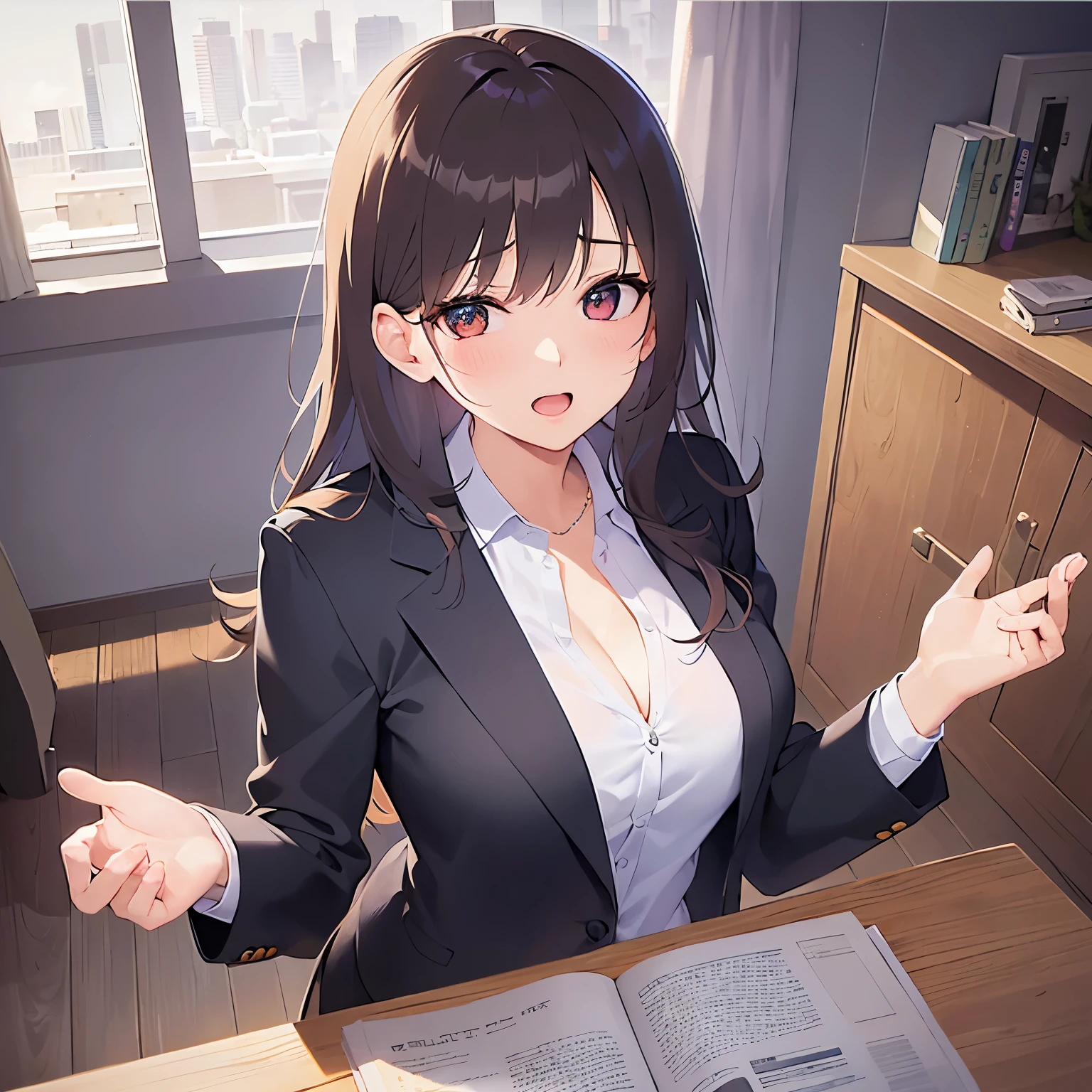 open arms for viewer 、BREAK half closed eyes BREAK、Shooting from above、Realistic, real person, (pale skin: 1.2), upper body, RAW photo, photorealistic, shiny skin, shiny hair、(A 35-year-old woman with medium-length hair and bangs) and (wavy hair) and (brown hair) and (Orange Eyes) ,(Wearing a business suit:1.5) and (Wearing a white collared shirt) 、(Cleavage:1.5)、(blush:1.5), smile, The background is the living room at night、illumination、Alone、Wearing a black jacket,open mouth,sofa