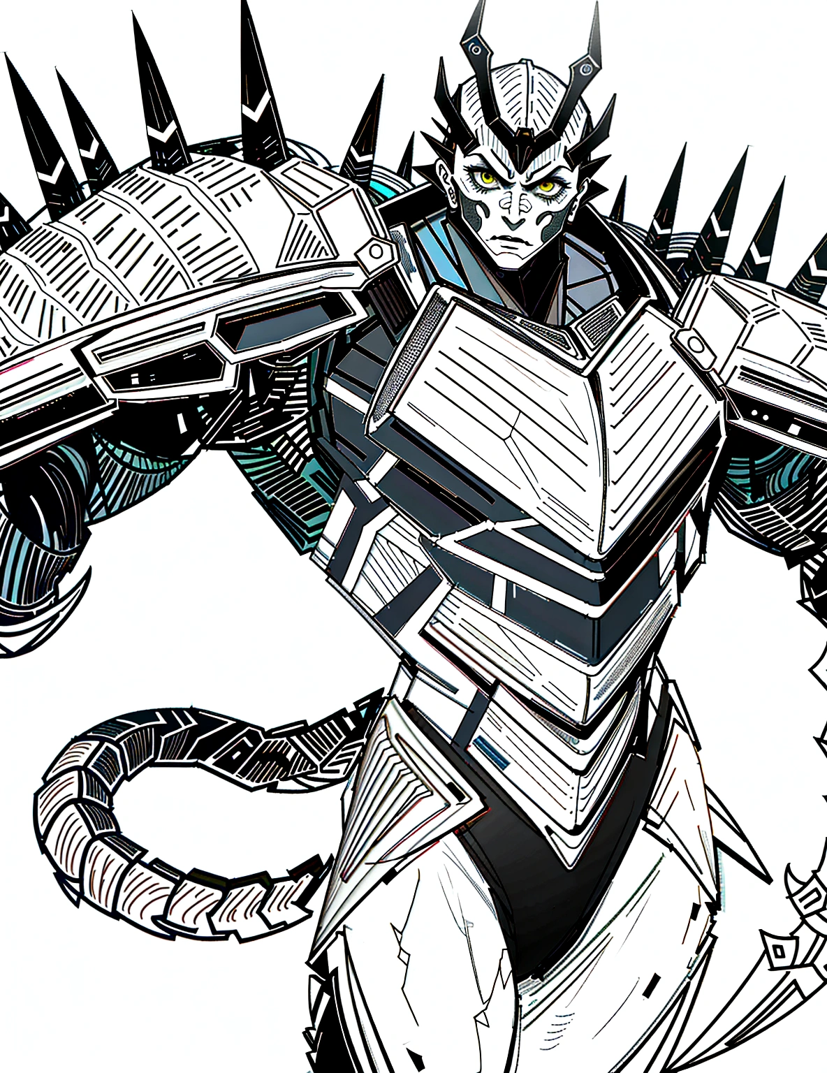 a drawing of a man with a large horned head and a sword, dragon cyborg, cyborg dragon portrait, sharp robot dragon claws, with scaly-looking armor, male robotic anthro dragon, well armored mech dragon, with robot dragon head, robot mecha female dragon head, robot dragon claws, greek god in mecha style, mecha inspired, dragon inspired armor, clean lines, more details