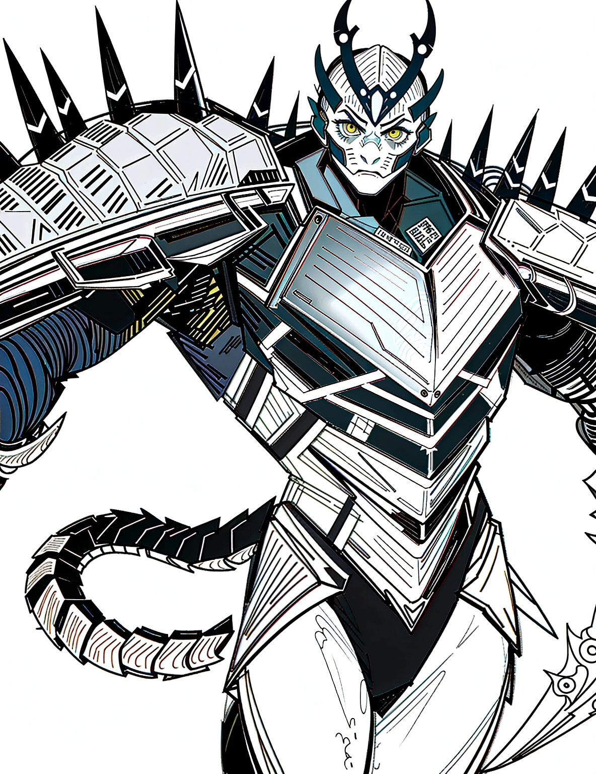 a drawing of a man with a large horned head and a sword, dragon cyborg, cyborg dragon portrait, sharp robot dragon claws, with scaly-looking armor, male robotic anthro dragon, well armored mech dragon, with robot dragon head, robot mecha female dragon head, robot dragon claws, greek god in mecha style, mecha inspired, dragon inspired armor, clean lines, more details