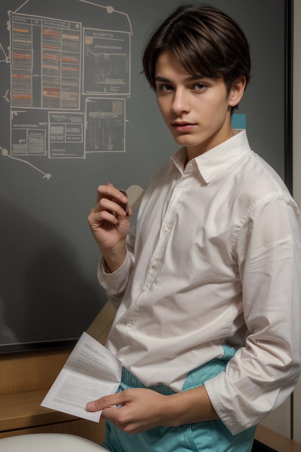 A beautiful young male twink, cute, with black hair, a face with reddish make-up, wearing a bright white long-sleeved shirt and aqua blue pants. He is in his office, and behind him is a blackboard on which is written the shape of the brain and its anatomy, from which nuclear energy emerges, and in his hand is a paper sheet with manuscripts on it. The phrase “The Greatest Mind.”