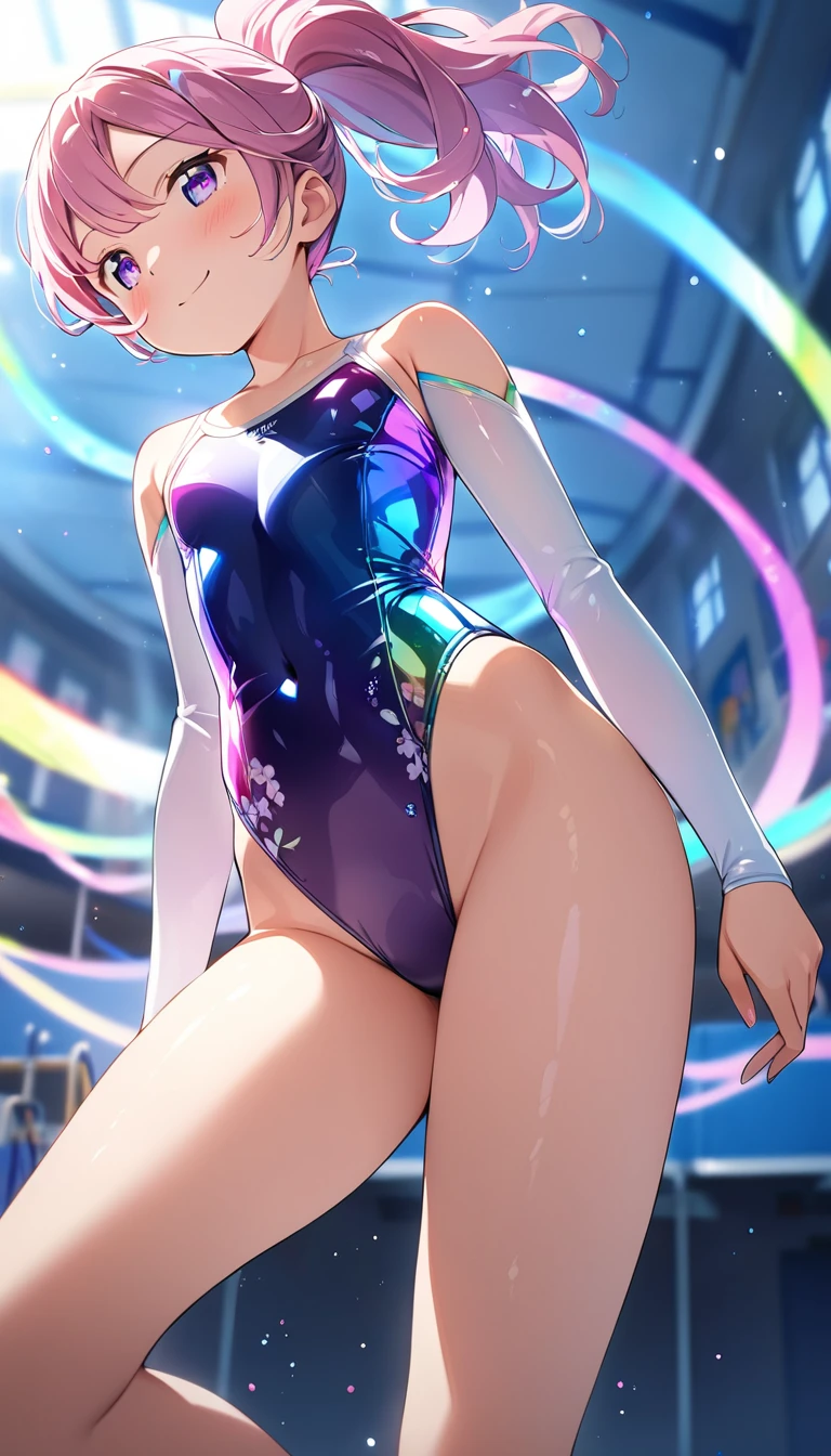 highquality illustration, masterpiece, very delicate and beautiful, attractive girl,(gymnastics leotard, Floral patterns leotard,long sleeve leotard with glittery decoration,high_leg leotard,athletic leotard,tight-fit leotard,iridescent gradient leotard),thin,slender body,slim,high school,gymnasium background,gymnastics club,gymnastics athlete,princess, beautiful eyes,light smile,(masterpiece, best quality:1.2), highres, extremely detailed CG unity 8k wallpaper, perfect lighting, Colourful, ultra-high res,4K,ultra-detailed, photography, 8K, HDR,  ages, 