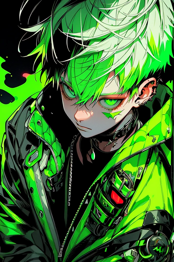 boy, white green hair, cool black open short jacket, tatoos, messy fade cut hair, crazy, on futuristic neon night street background,