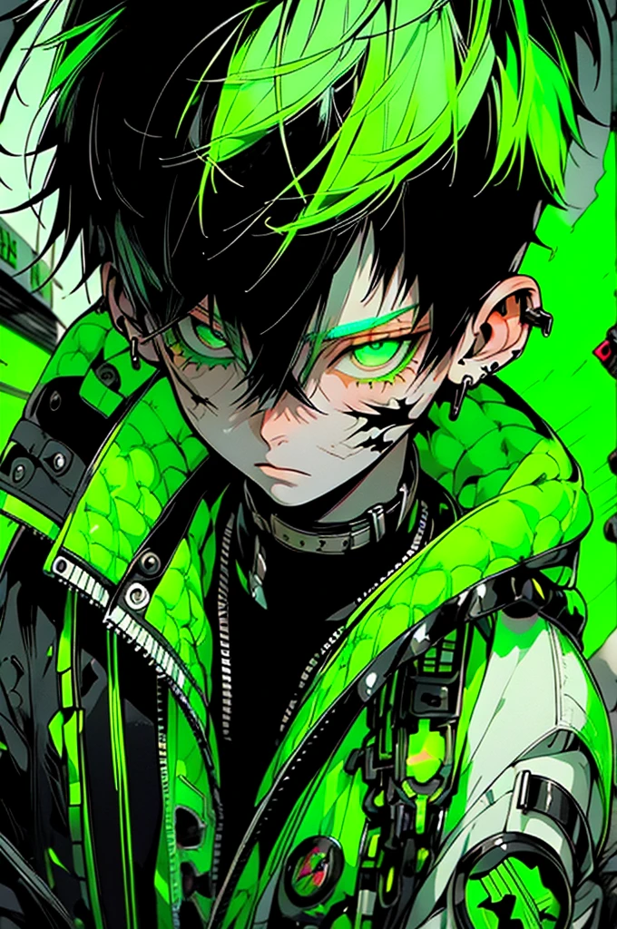 boy, white green hair, cool black open short jacket, tatoos, messy fade cut hair, crazy, on futuristic neon night street background,