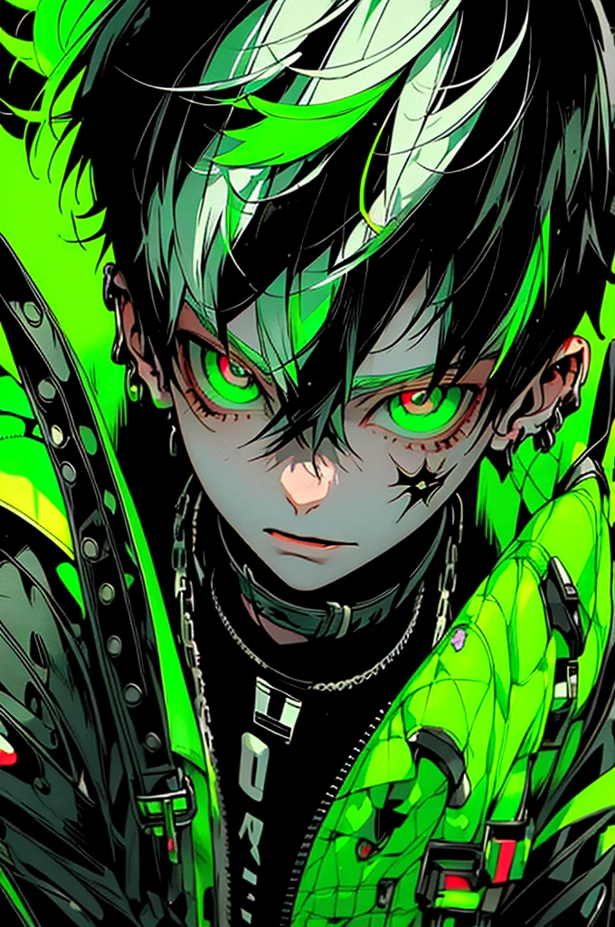 boy, white green hair, cool black open short jacket, tatoos, messy fade cut hair, crazy, on futuristic neon night street background,