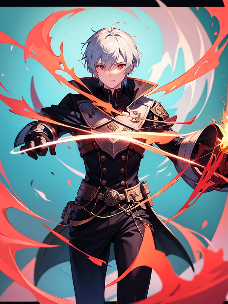 A front of a young man with short white hair, red eyes, masculine face. Wearing a black cloack with blue details. He is standing, looking to the side. On a center of a rpg scenario. Dungeons and Dragons art direction, studio ghibli Style