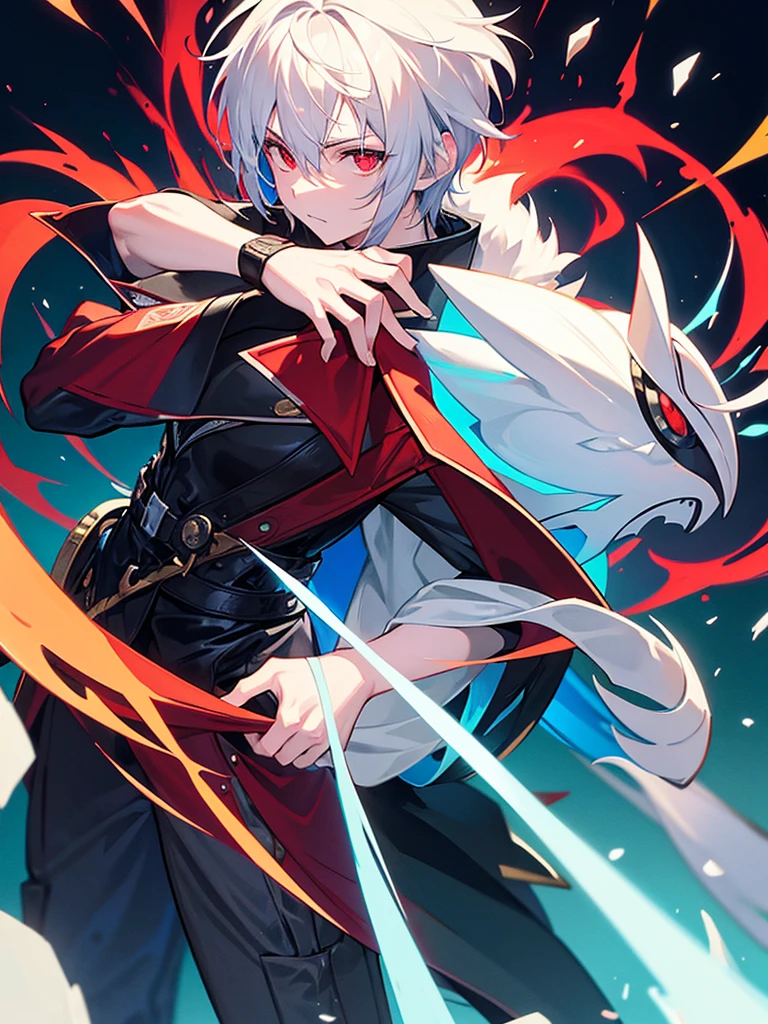 A front of a young man with short white hair, red eyes, masculine face. Wearing a black cloack with blue details. He is standing, looking to the side. On a center of a rpg scenario. Dungeons and Dragons art direction, studio ghibli Style