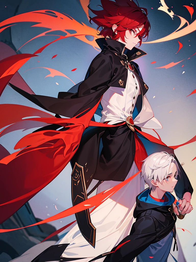A front of a young man with short white hair, red eyes, masculine face. Wearing a black cloack with blue details. He is standing, looking to the side. On a center of a rpg scenario. Dungeons and Dragons art direction, studio ghibli Style