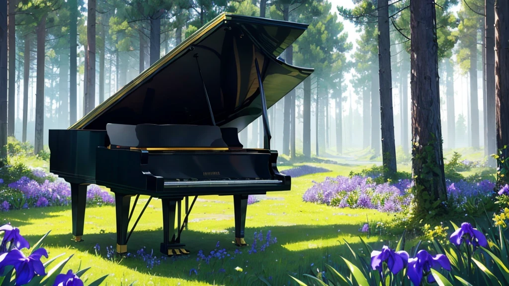 Placed in a forest where irises are in bloom1Grand pianos、White clouds in the sky after the rain、In the empty forest