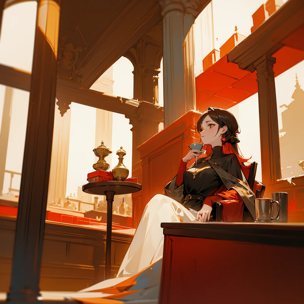 Woman having a cup of coffee in a very elegant place maintaining colors like red, Orange, gray and gold. Please put the LUVOCO brand.the 