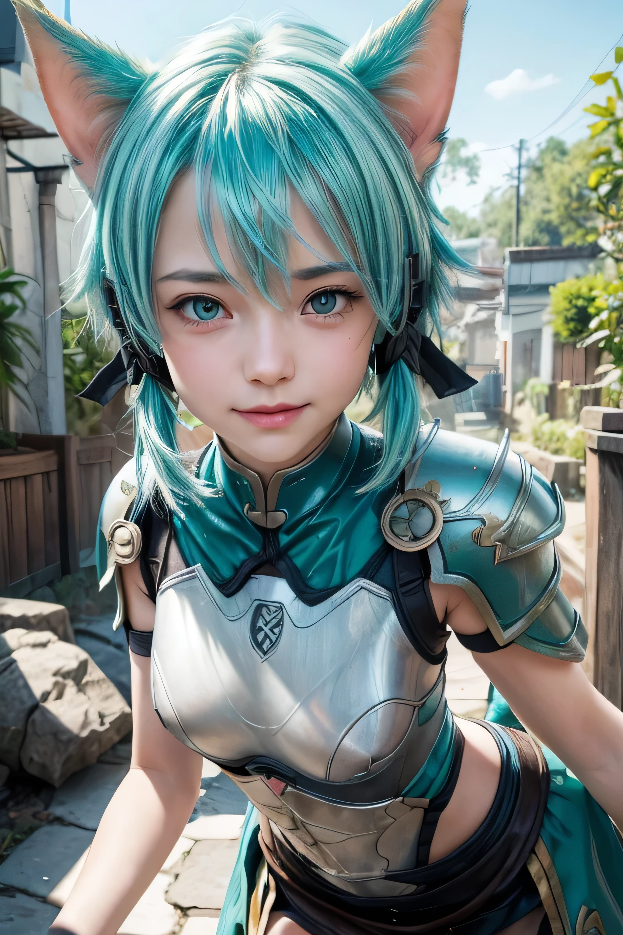 masterpiece, best quality, (realistic,photo-realistic:1.4), (RAW photo:1.2), extremely detailed CG unity 8k wallpaper, delicate and beautiful, amazing,finely detail, official art, absurdres, incredibly absurdres, huge filesize,ultra-detailed,extremely detailed eyes and face,light on face,(little smile:1.3),sinon,(cyan hair:1.4) (short hair:1.4),potrait,(small breast:1.3),nature background,(wearing armor:1.6),(potrait :1.4),(hair ribbon:1.4),sidelocks,(cat ears:1.3)