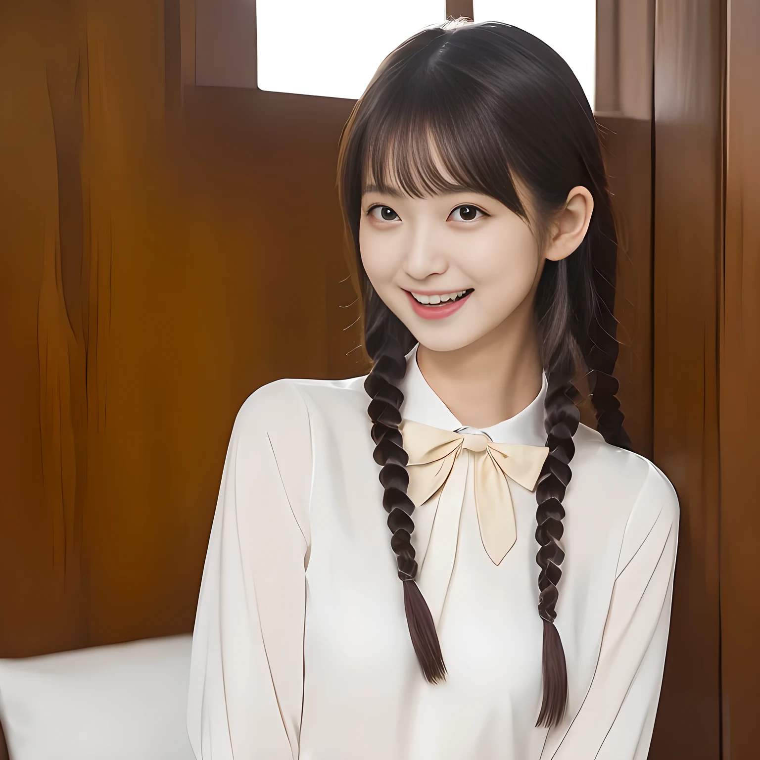 (highest quality, masterpiece:1.2), highest quality, High resolution, 1080P, 8K, Height: 158cm, ((A very intelligent, very noble, pretty and neat Japanese beautiful girl fashion model. Looking at the audience. Realistic fashion model)), ((((White face with plump cheeks)))), Glossy lips, (Evenly cut bangs), ((Very beautiful dark eyes)), The very large, shiny, wide red ribbon bow-tie on her chest is very cute., ((Black Hair)), ((long twin braids)), (((Cream colored blouse))), A neat uniform, Very lustrous, glossy lips, Open hand over open mouth, slender, Beautiful hair like a hair model, Cream colored long skirt, Watching the viewer and laughing, ((Incredibly well organized, The expression is rich. plump and beautiful skin and face)), ((Pure and clear eyes)), Long eyelashes, ((laughing at me!))