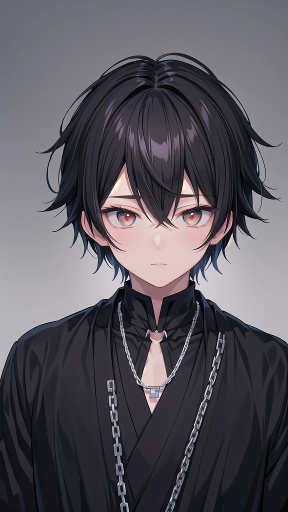 anime boy with black hair and a chain around his neck, anime moe artstyle, male anime style, boy has short black hair, anime style character, young anime man, semi realistic anime, in an anime style, inspired by Okumura Togyu, detailed anime soft face, inspired by Okumura Masanobu, a handsome man，black short hair