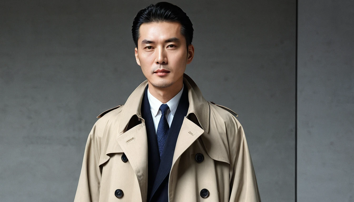 1990s,Chinese businessman wearing an international brand trench coat。RAW photos,Best quality,(reality,照⽚reality感:1.3),masterpiece,Extremely exquisite and beautiful,High resolution,Original,Perfect lighting,(Extremely detailed CG:1.2),Unification,2k wallpaper,Amazing,Fine and fine