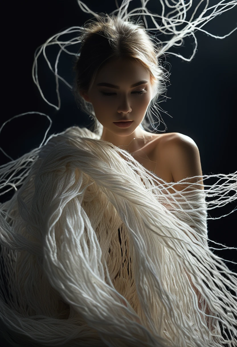 Female Model,Dark background,Backlight,Long white yarn,Michal Katz Style,Ultra-fine details,photography,4K