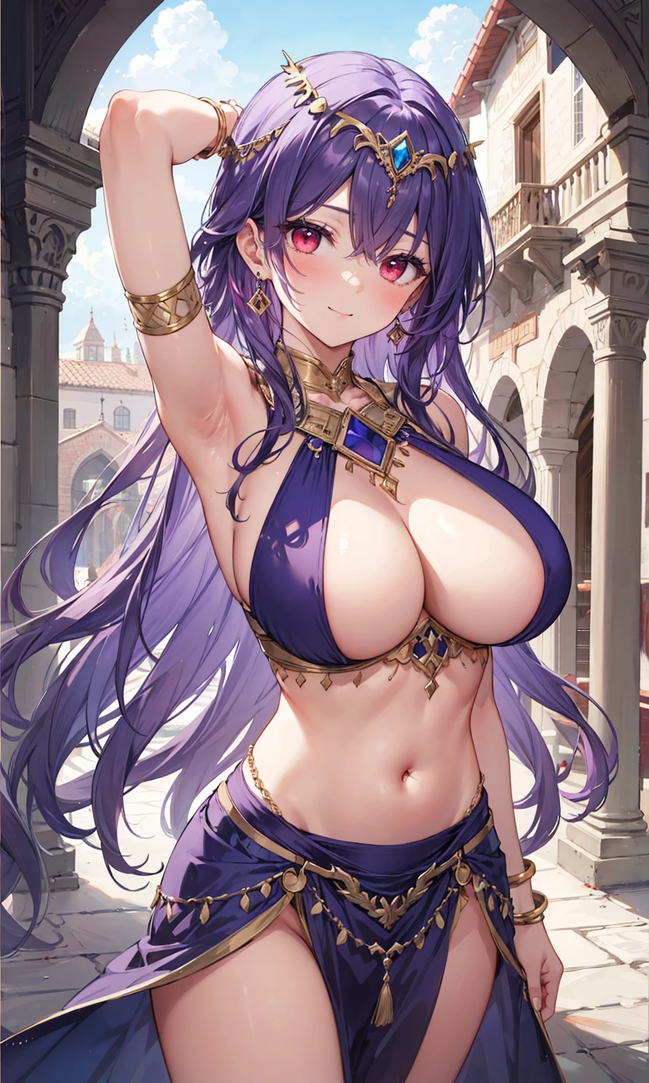 high quality, ultra detailed, best quality, insanely detailed, beautiful, masterpiece, 1girl, medieval plaza, cowboy shot, red eyes, long hair, purple hair, belly dancer, circlet, earrings, armlets, bracelets, bashful smile, large breasts, cleavage, soft stomach