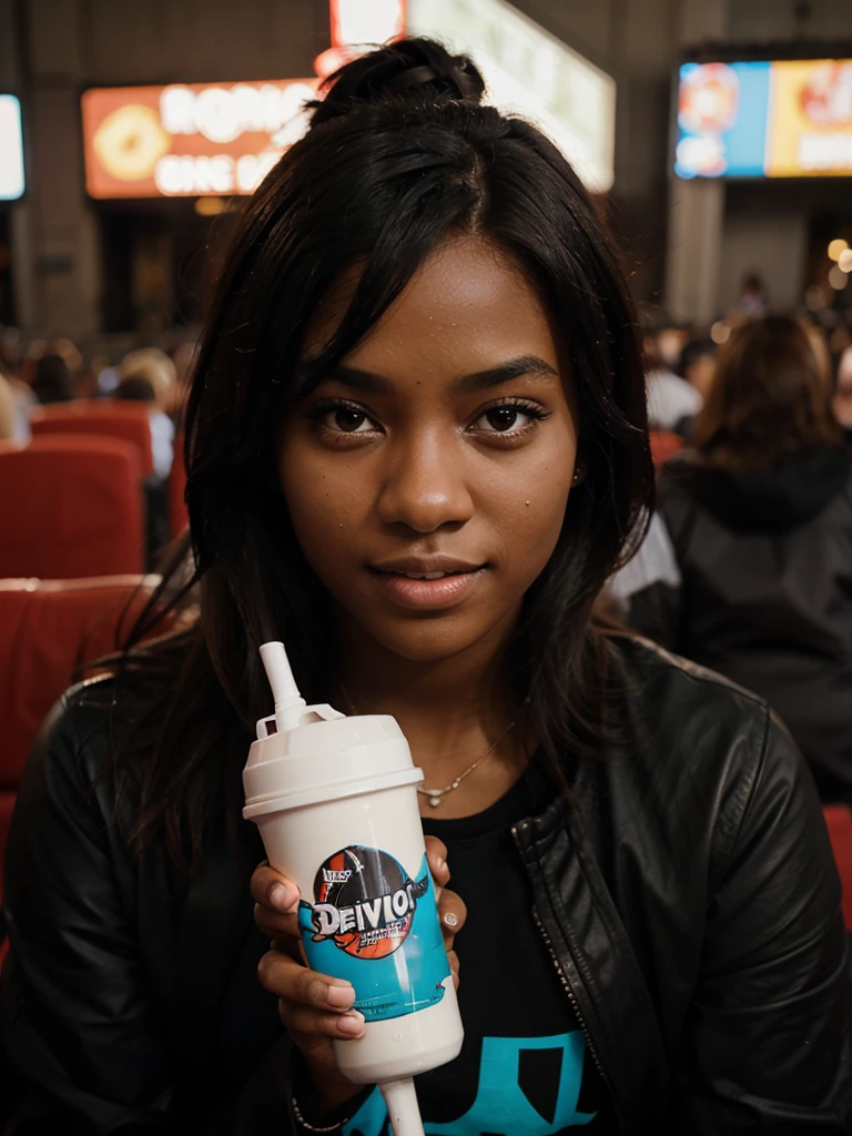 No cinema, accompanied by a girl with dark skin, watching fun