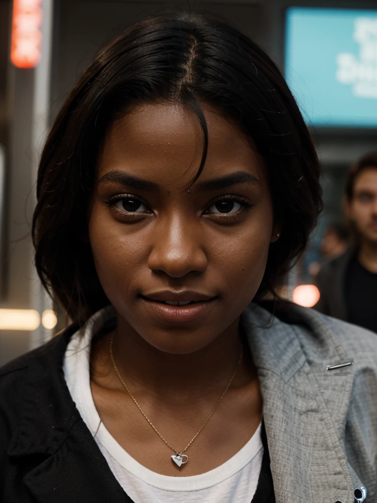 No cinema, accompanied by a girl with dark skin, watching fun 