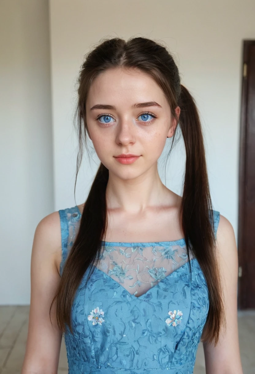 selfie face snapshot, 19 yrs old woman, 1.65m high, dark shoulder-length hair, ponytail, a strand of hair on the face, blue eyes, standing, sandals, blue dress, perfect face, (Kontakt Iris: 1.1), pale skin, some skin blemishes, several birthmarks, skin pores, low depth of field, soft light, low light, masterpiece, 8K, (Beautiful eyes with very delicate:1.3),(beautiful big clear eyes)