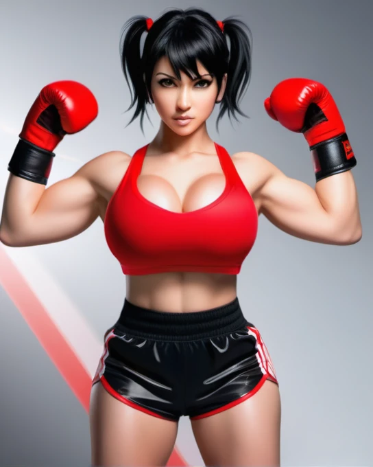 portrait photo of 1girl, abs, bandaged arm, bandaged hand, biceps, black hair, red boxing gloves, breasts, clenched hands, (fighting stance), flexing, gradient, gradient background, muscular female, pose, punching, short hair, solo, shorts, sports bra, toned, (((slim stomach, six-pack abs, ab line, muscle))), sweaty, wet, (big breasts), ass