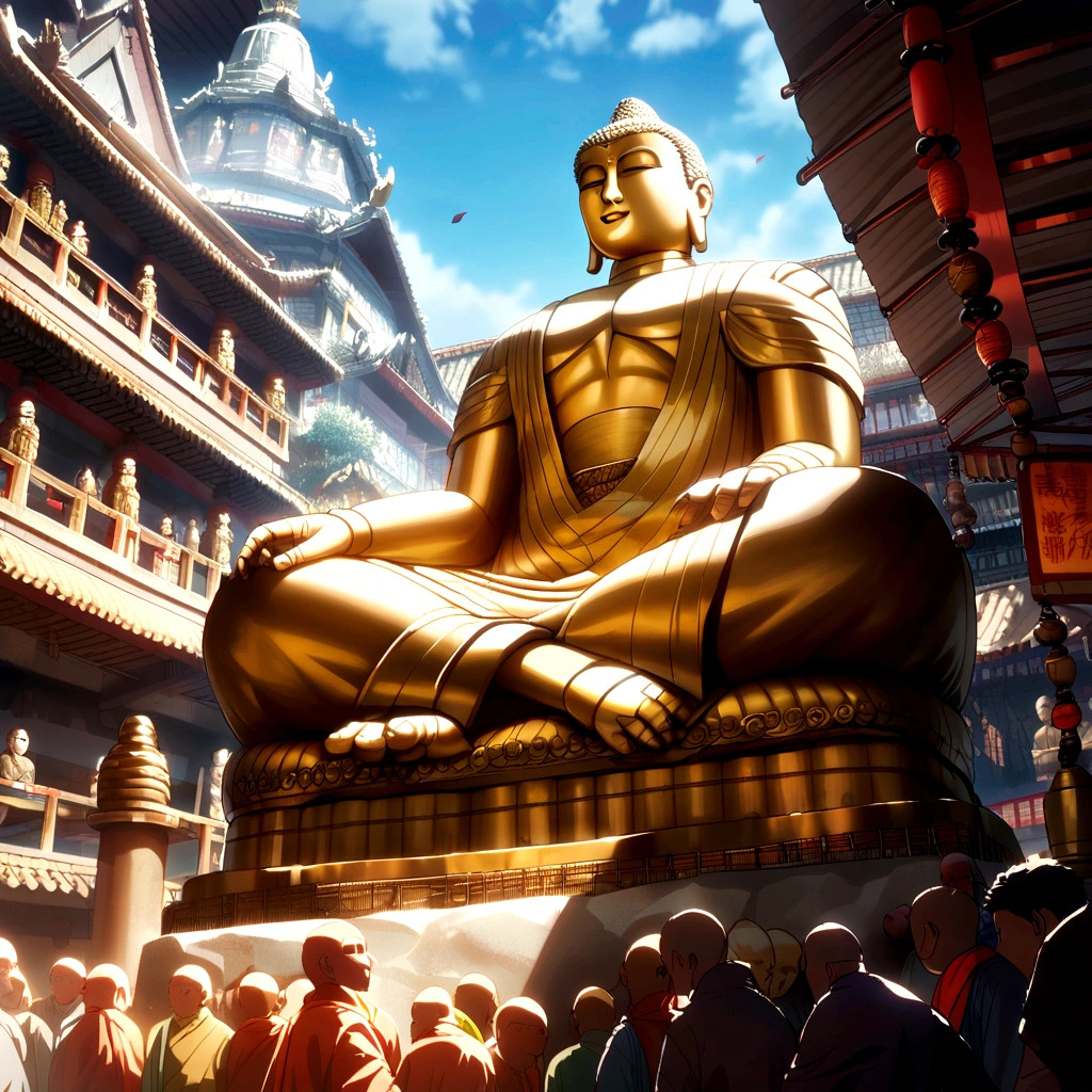 monks covering giant statue of golden buddha with clay, cinematic, daylight