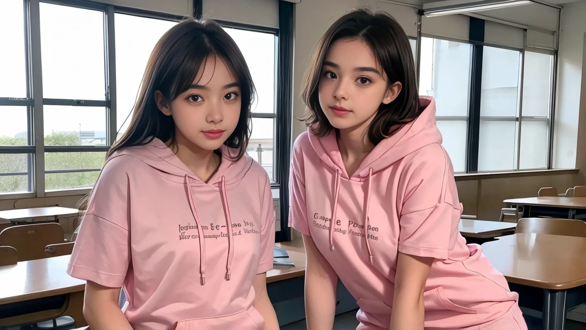 deux femmes ensemble de 18 ans sexy et mince , pink short sleeve hoodie , salle de classe, se touche,position sey,sensuel