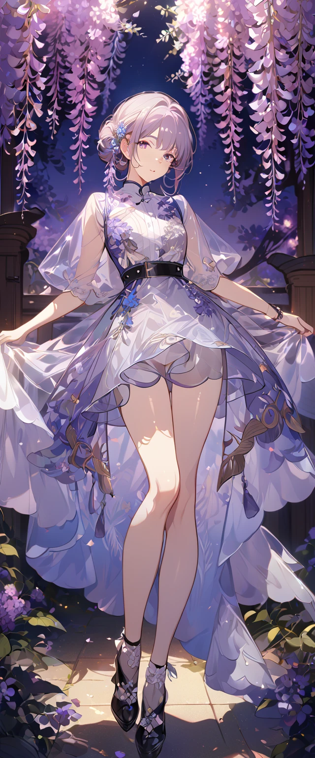 wisteria flower, wisteria tree, wisteria background, 8k ,4k , best quality, high quality, masterpiece, transparent clothes, embroidery  clothes, big , inspired by Asukaziye artist : ask, art style : ask