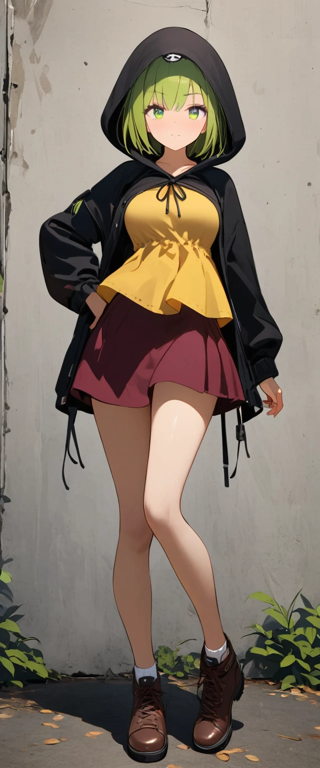 girl, burgundy short hair, lime green eyes, droopy eyes,slender body,small breasts,black hooded jacket,yellow green blouse,burgundy skirt,standing,facing viewer,contrapposto,full body,
frown