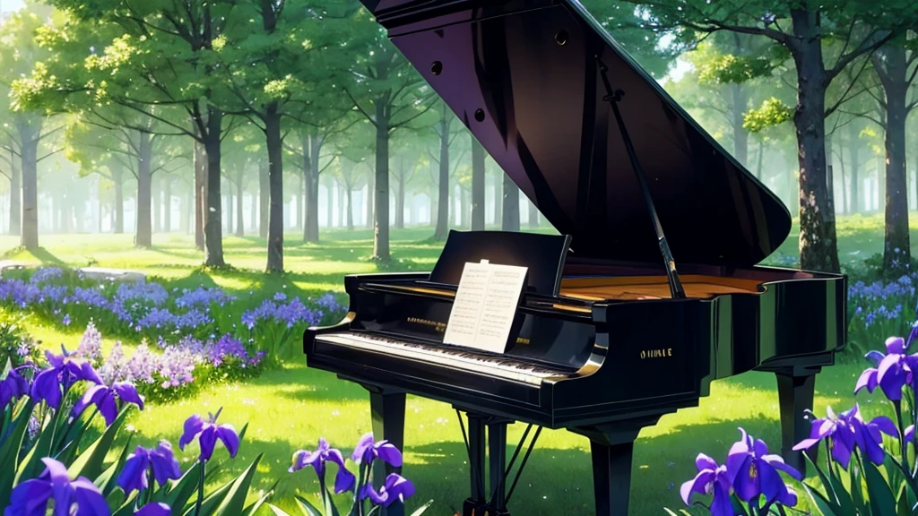Placed in a forest where irises are in bloom1Grand pianos、White clouds in the sky after the rain、In the empty forest