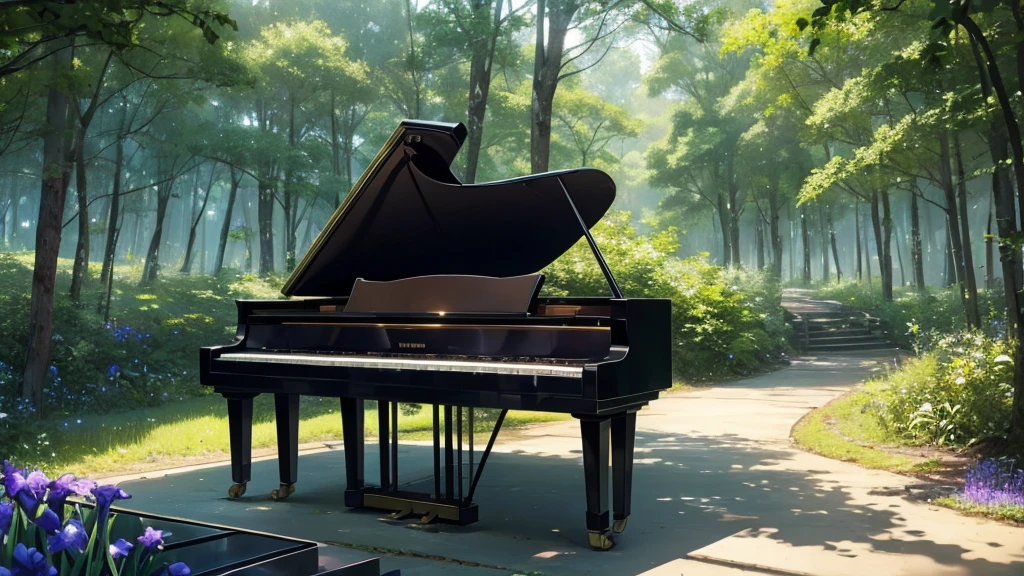 Placed in a forest where irises are in bloom1Grand pianos、White clouds in the sky after the rain、In the empty forest